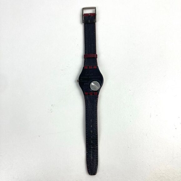 VTG Vintage 1991 SWATCH Gent PLAZA GX121 Unisex Watch Red Leather Band Blue Dial - Picture 4 of 8